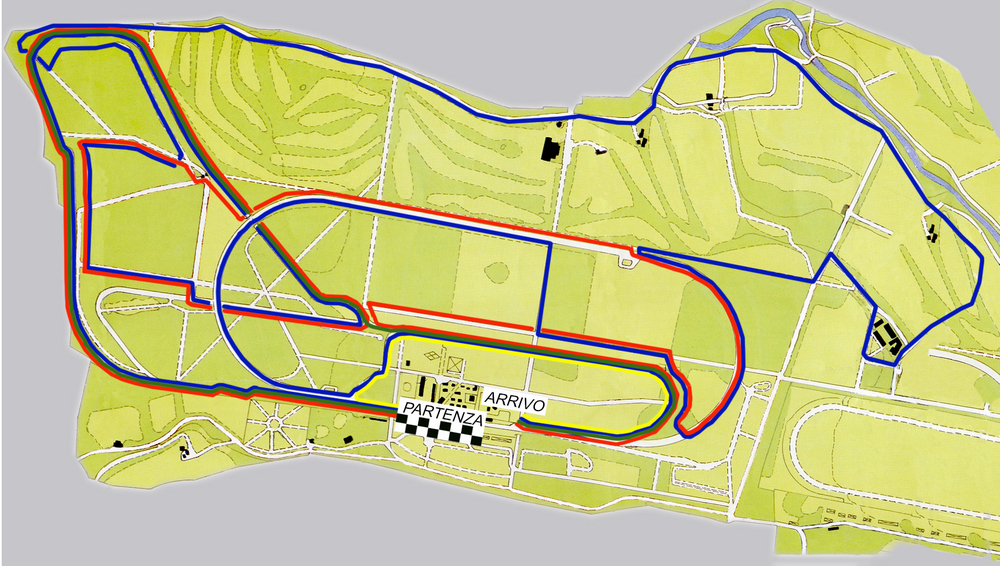 I 4 percorsi della Formula Uno: km 2,4 (giallo) - km 5,8 (verde) - km 11 (rosso) - km 18 (blu)