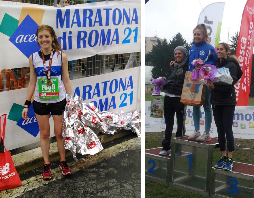 Antonella Corradini felice all'arrivo della Maratona di Roma e Raffaella Preatoni sul palco delle premiazioni alla Run Donato.