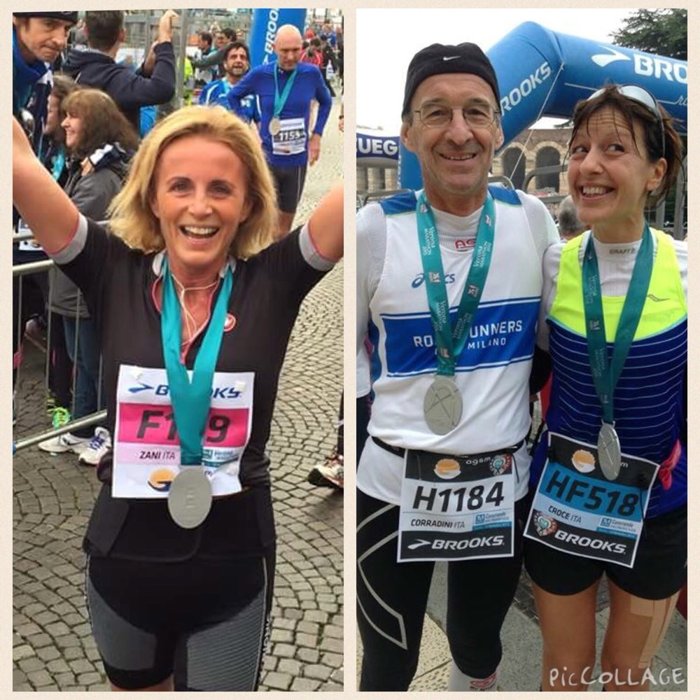 Verona: Antonella Zani sorridente all'arrivo della maratona e Fabio Corradini in versione 
